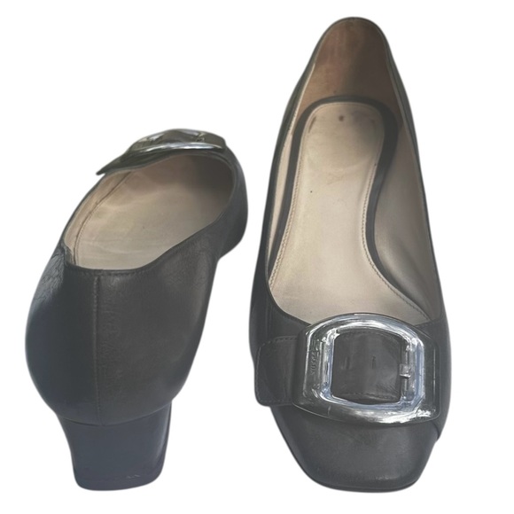 Prada Leather Heel Loafer Pumps Shoes Brown Gray Grey Buckle EU 38 US 8 Classic - Picture 1 of 16